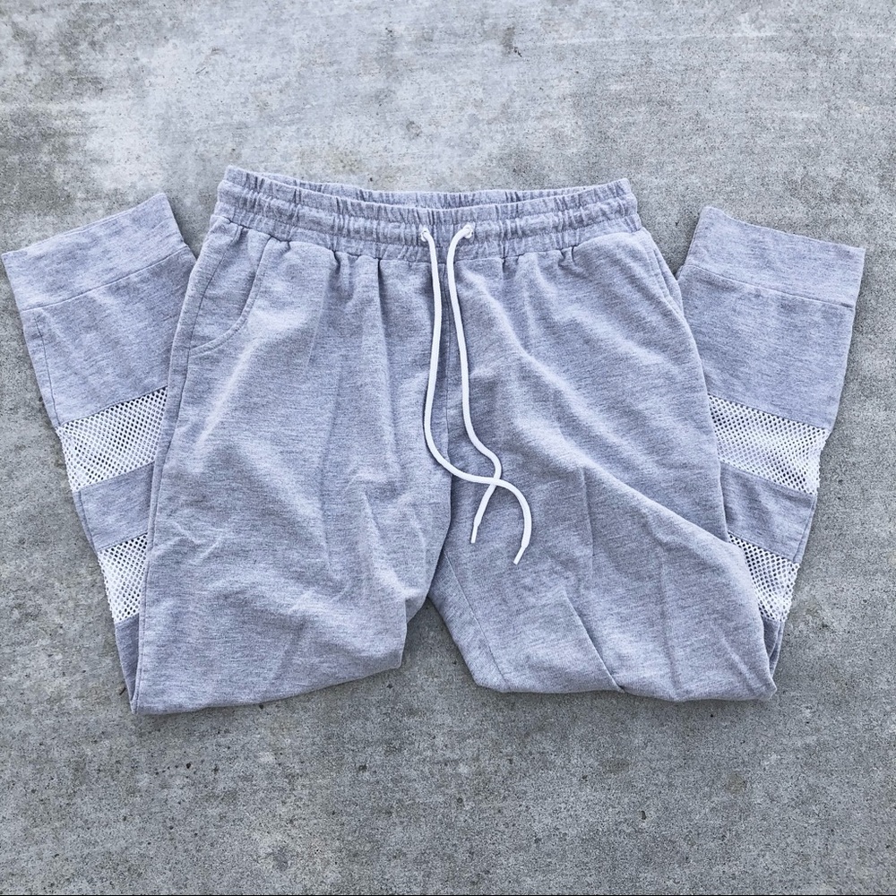 Grey Sweatpants with White Mesh Stripes & Pockets
